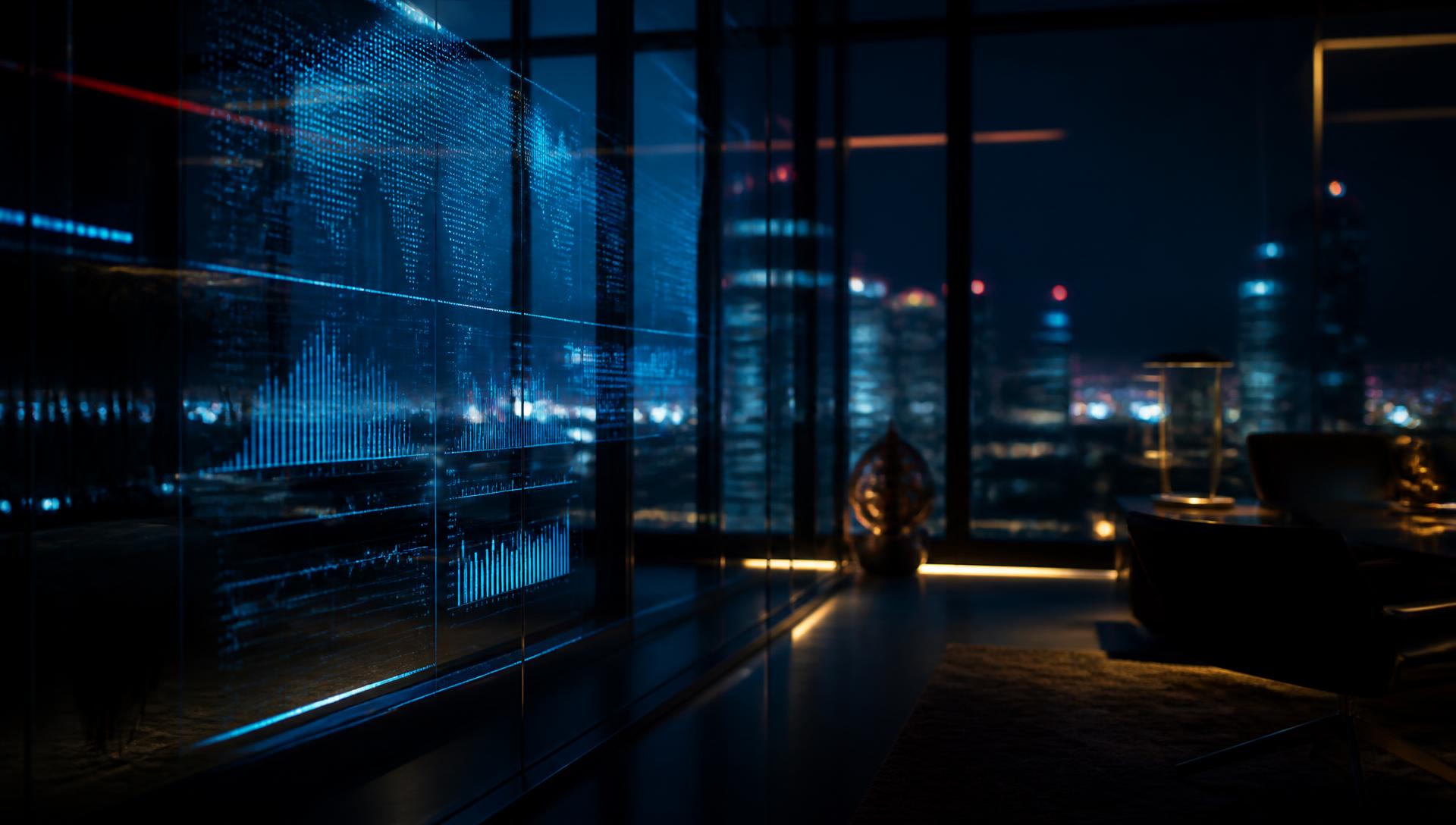 A dark executive office at night with a glowing advisory interface