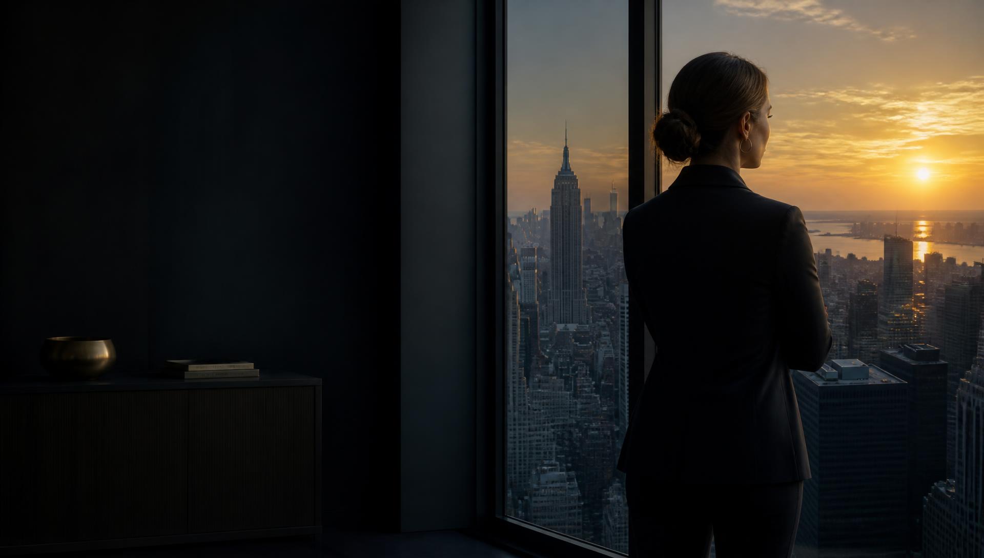 An executive looking toward a sunrise over the American city skyline
